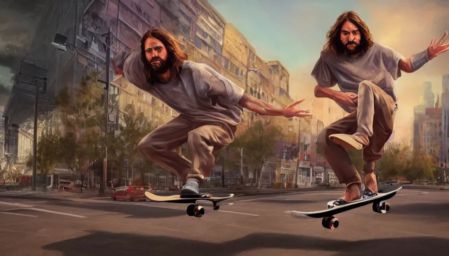 Image similar to jesus christ skateboarding, billboard image, hyperdetailed, artstation, cgsociety, 8 k