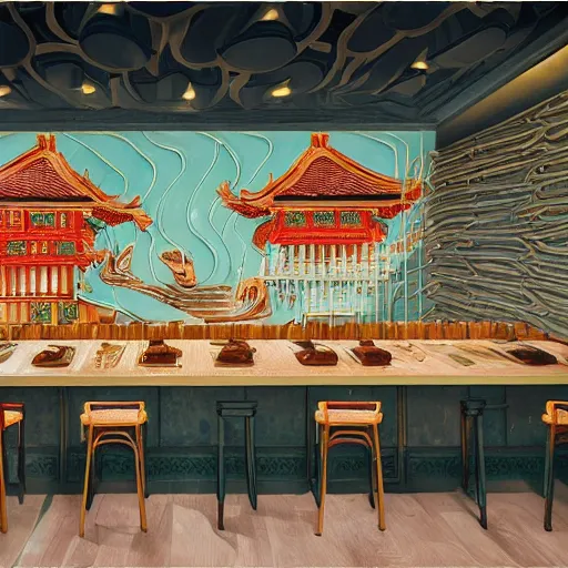 Image similar to a beautiful hyperdetailed interior 4 k hd wallpaper illustration of roasted string hotpot restaurant restaurant yan'an, corner, simple style, wall painting, from china, with merchant logo, simple structure, surrealistic, chinese style, victo ngai