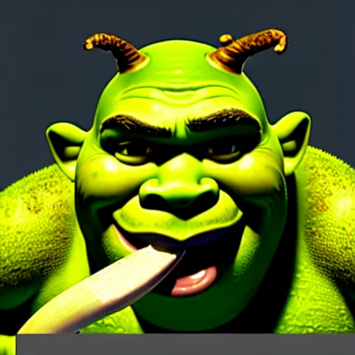 Image similar to a stock photo of shrek eating an onion, 8 k, ultra - realistic, white background, face cluse - up, studio lighting