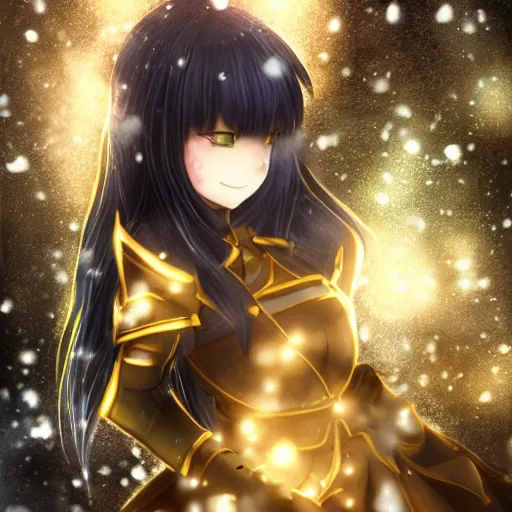 Prompt: full shot portrait focus of beautiful darkness knight 3D anime girl, golden armor wearing, dark forest background, snowing, bokeh, inspired by Masami Kurumada, digital painting, high contrast, unreal engine render, volumetric lighting, high détail