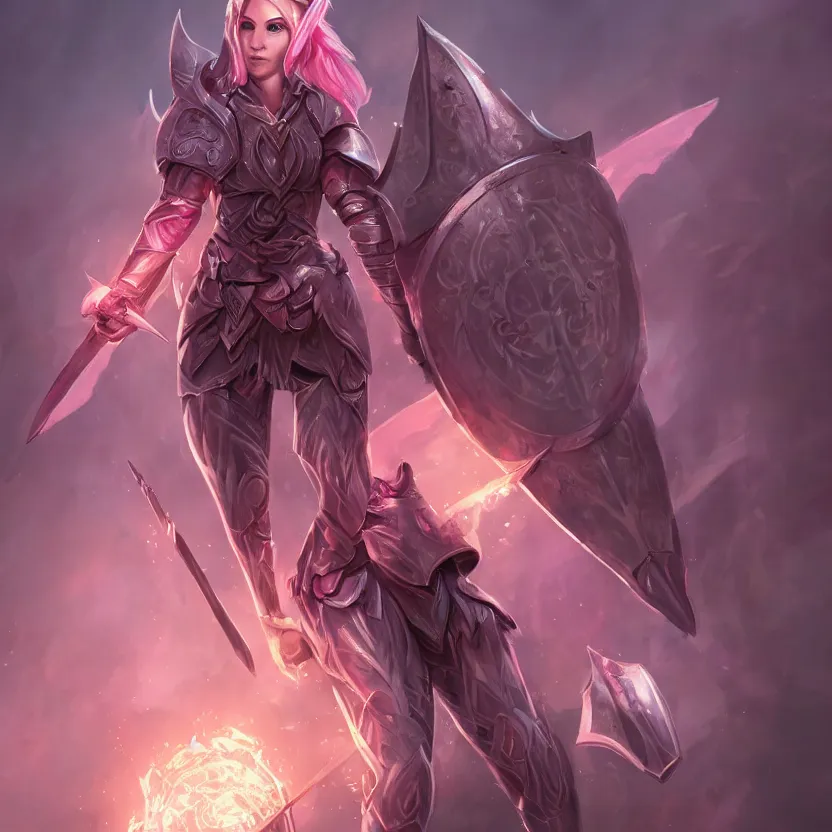 Prompt: beautiful well built pink short haired half elf woman healer wearing cleric armor and holding a shield, dungeons and dragons, character portrait, character design, full rendered illustration, 4 k, 8 k, hyper detailed, back lighting, cinematic lighting, intrinsic detail