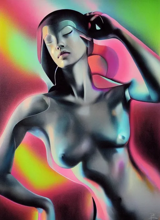 Prompt: futuristic lasers tracing, colorsmoke, fullbodysuit, pyramid hoodvisor, raindrops, wet, oiled, beautiful cyborg girl, by steven meisel, kaws, rolf armstrong, mondrian, hannah af klint perfect geometry abstract acrylic, octane hyperrealism photorealistic airbrush collage painting, monochrome, neon fluorescent colors, minimalist rule of thirds, eighties eros