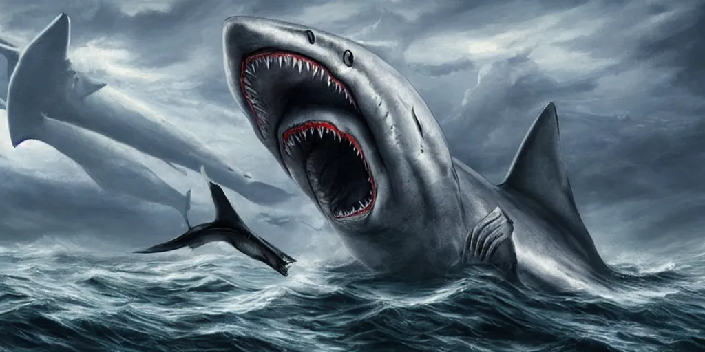 Prompt: giant shark eating a ship, matte painting, highly detailed