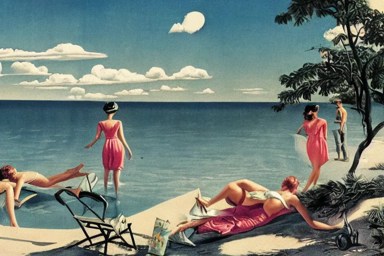 Prompt: vintage magazine illustration of a dreamy beach scene on a hot summer evening, by carel willink and gregory crewdson