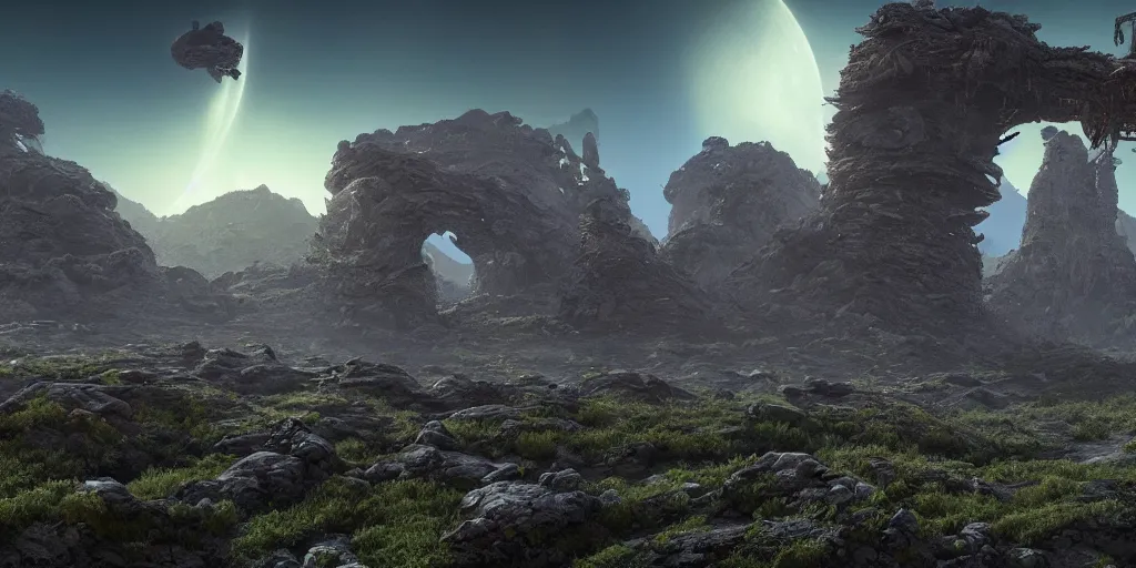 Prompt: alien landscape, alien wildlife, alien nature, old tower ruin in the center, 8 k uhd, unreal engine, octane render in the artstyle of kuindzhi