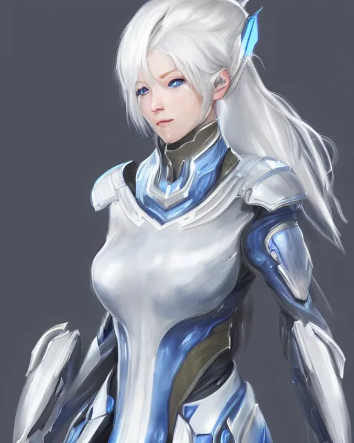 Image similar to perfect white haired girl, warframe armor, beautiful, dreamy, portrait, highly detailed, digital painting, trending on artstation, concept art, sharp focus, illustration, pretty face, blue starry eyes, scifi platform, front lit, laboratory, experiment, masterpiece, art by masayoshi tanaka, akihiko yoshida, kazuya takahashi