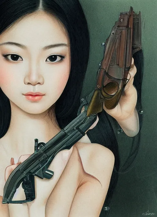 Image similar to beautiful asian girl with a revolver looking into the camera, 2d concept illustration, detailed, intricate, by Tran Nguyen