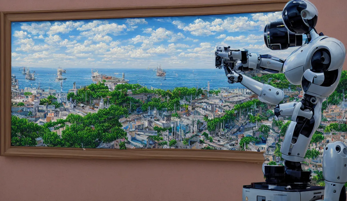 Image similar to an high resolution photo of a robot paiting a picture on a terrace over the see, hyper detailed, phoyography, realistic, art, 8 k, unreal engine, cinematic, shallow focus, f 2. 8 3 5 mm, kodak film, 3 5 mm film