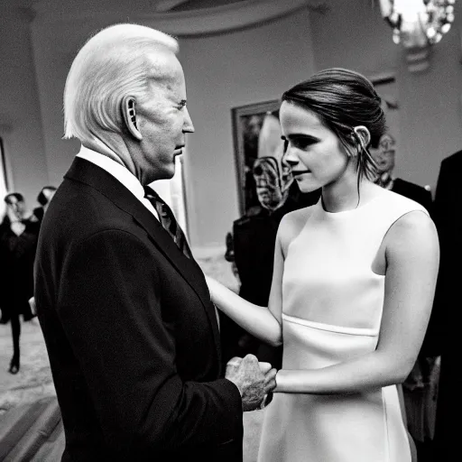 Image similar to emma watson face to face with president joe biden, nikon 3 5 mm, photograph