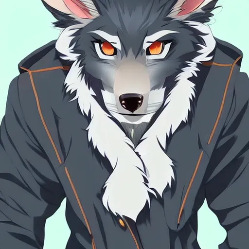 Image similar to key anime visual portrait of an anthropomorphic anthro wolf fursona, in a jacket, with handsome eyes, official modern anime art