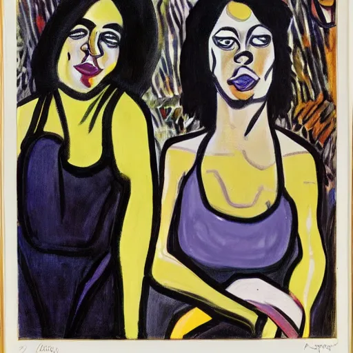 Image similar to two ravers at the club painted by Alice Neel