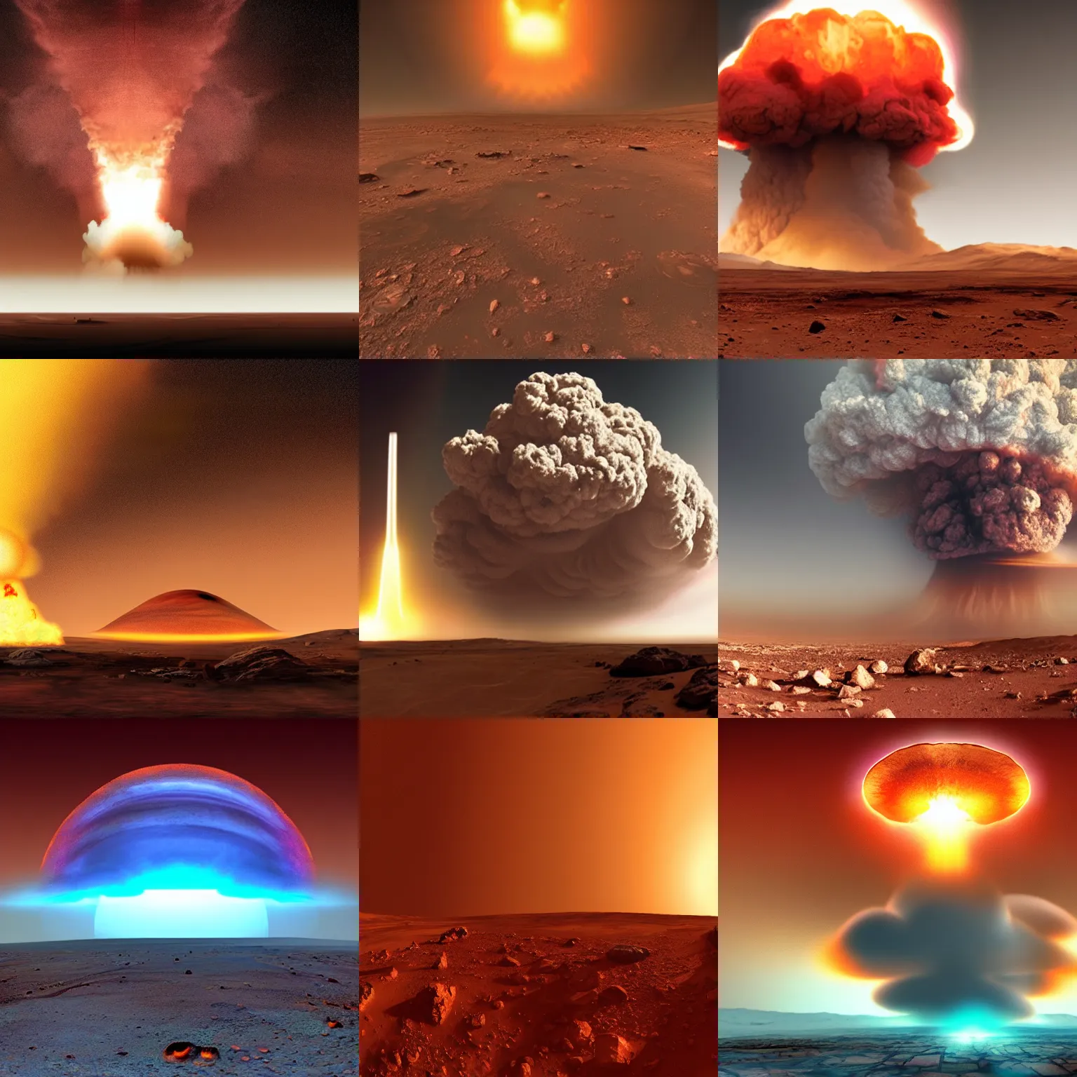 Prompt: large nuclear explosion on mars, mushroom cloud, dust, fog, dynamic lighting, wide angle, cinematic