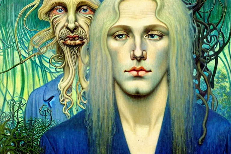 Image similar to realistic detailed portrait painting of a beautiful ghost man with blond hair with an alien, futuristic sci-fi forest on background by Jean Delville, Amano, Yves Tanguy, Alphonse Mucha, Ernst Haeckel, Edward Robert Hughes, Roger Dean, rich moody colours, blue eyes