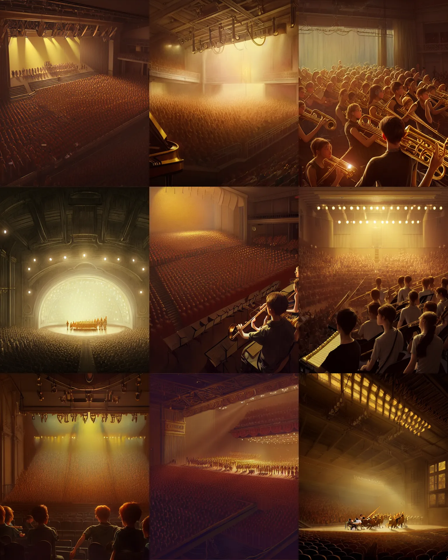 Prompt: high school concert band orchestra practice afternoon, theatre concert golden back lighting, bokeh dof, intricate, 8 k, unreal engine, illustration, highly detailed, digital painting, concept art, matte, art by ruan jia and wlop and greg rutkowski, masterpiece