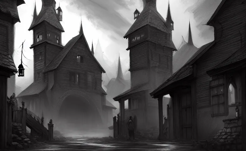 Image similar to beautifully drawn concept art of an old medieval mystic town : : dramatic mood, overcast mood, dark fantasy environment : : trending on artstation, unreal engine, digital art