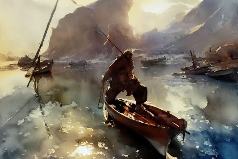 Prompt: paint brush strokes, abstract watercolor painting of rustic fishing village, viking age, ambient lighting, art by hans dahl, by jesper ejsing, art by anders zorn, wonderful masterpiece by greg rutkowski, cinematic light, american romanticism by greg manchess, creation by tyler edlin