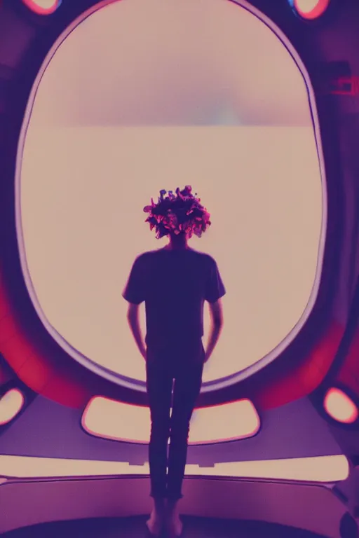 Image similar to agfa vista 4 0 0 photograph of a skinny guy on a spaceship, futuristic, synth vibe, vaporwave colors, lens flare, flower crown, back view, moody lighting, moody vibe, telephoto, 9 0 s vibe, blurry background, grain, vintage, tranquil, calm, faded!,