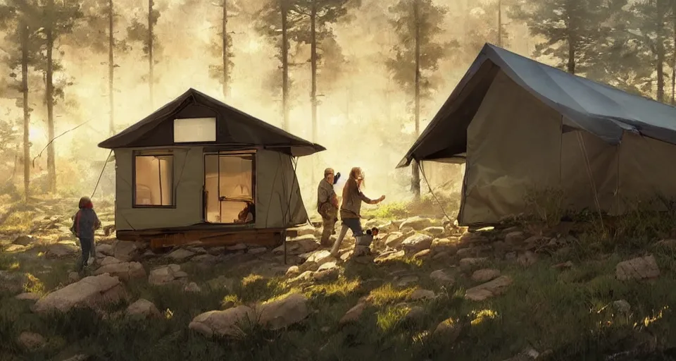 Image similar to cabela's beautiful comfortable community of modular insulated wall container home kit - house all weather family dwelling tent house, person in foreground, mountainous forested wilderness open fields, beautiful views, painterly concept art, environmental concept art, concept art illustration, by james gurney, by craig mullins, by greg rutkowski trending on artstation