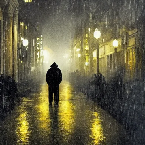 Image similar to A man in a yellow raincoat in a black city surrounded by people wearing brown rain coats. Dreary, dreamlike.