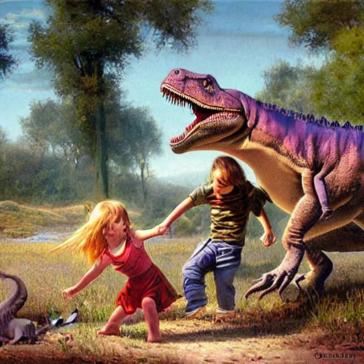 Image similar to dinosaur playing with a young girl by James Gurney