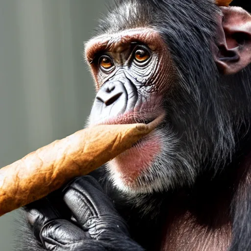 Image similar to a high detail closeup shot of a chimp wearing a suit, smoking a cigar