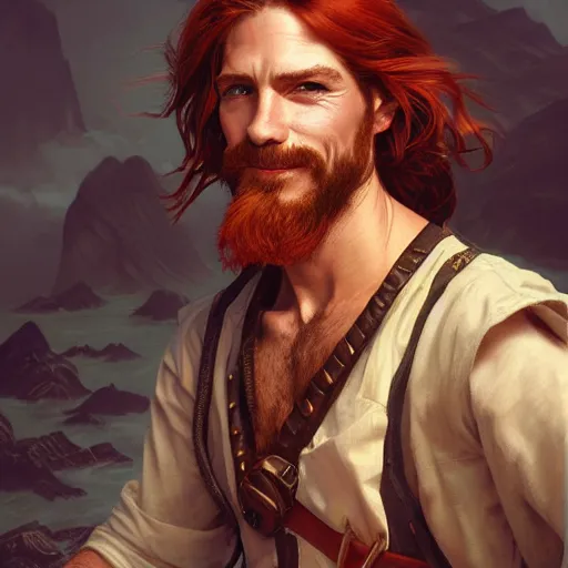 Prompt: portrait of a young ruggedly handsome but joyful pirate, male, masculine, upper body, red hair, long hair, d & d, fantasy, soft smirk, intricate, elegant, highly detailed, digital painting, artstation, concept art, matte, sharp focus, illustration, art by artgerm and greg rutkowski and alphonse mucha