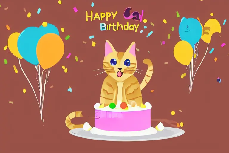 Prompt: Happy cartoon cat sat behind a chocolate birthday cake, vector image, vibrant color, 4k,