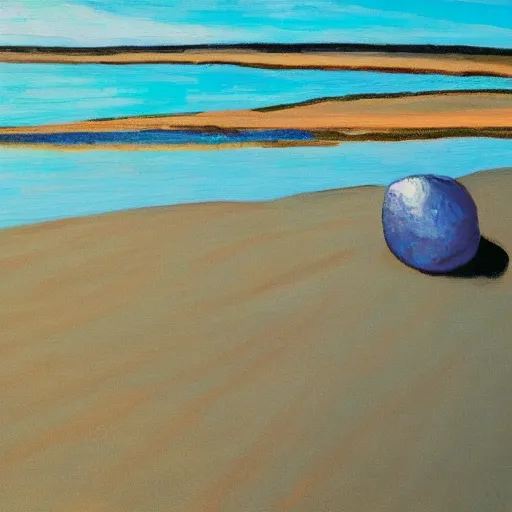 Image similar to a fauvist painting of a strange metallic object poking out from the sand, late evening light