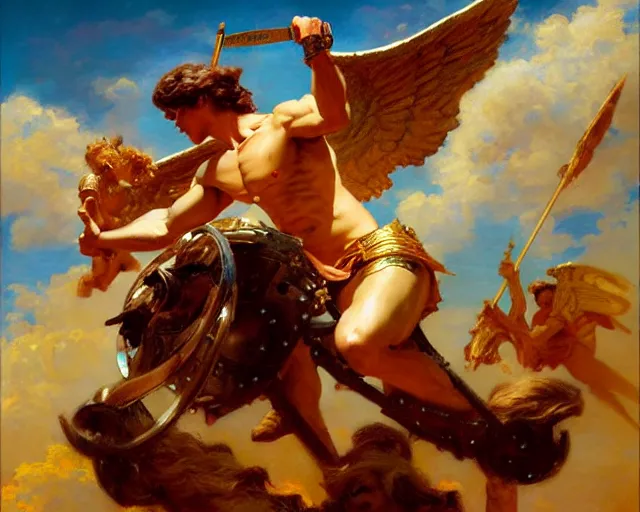 Image similar to attractive apollo greek god, riding his fire chariot. highly detailed painting by gaston bussiere, craig mullins, j. c. leyendecker 8 k