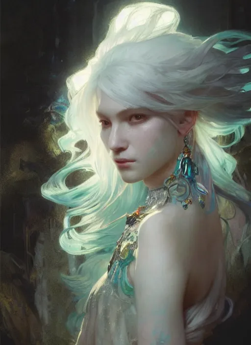 Image similar to a beatiful white haired princess, adorned with precious stone jewelry, intricate concept art, ethereal, ominous, dramatic lighting, Ruan Jia and Jeremy Mann and Alphonse Mucha