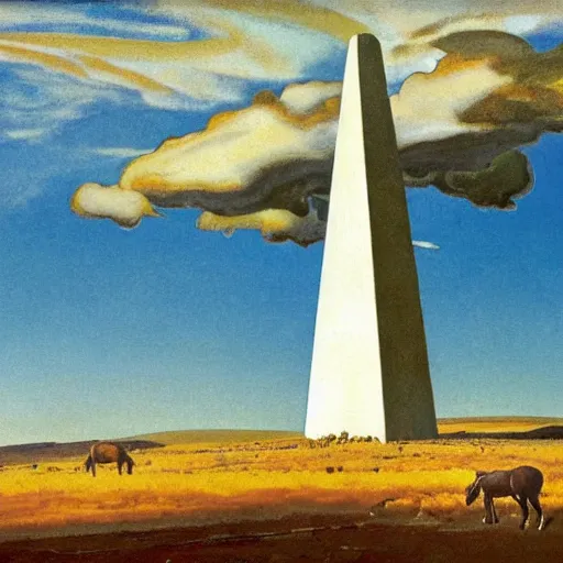 Prompt: towering cumulonimbus clouds looming over a mesa in a sunny western landscape with a herd of wild horses in the foreground and a white obelisk in the background, by nc wyeth, by frederic remington