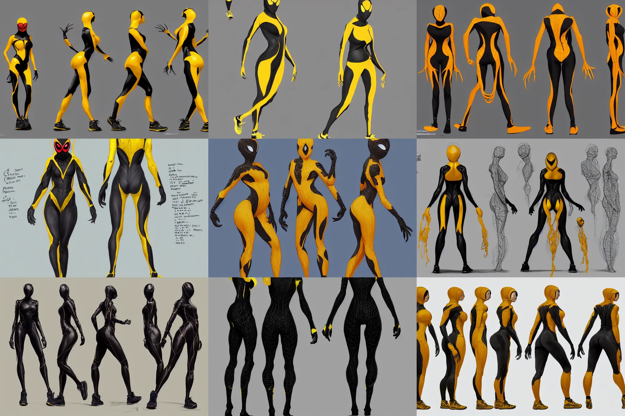 Prompt: full body character turnaround of a woman in an orb weaver spider costume with running shoes, character sheet, matte painting, spiderwoman!!, john singer sargent, good value control, highly detailed portrait, character turnaround, digital painting, concept art, artstation, realistic proportions, realistically proportioned body, sharp focus, smooth, illustration, yellow and black color scheme,