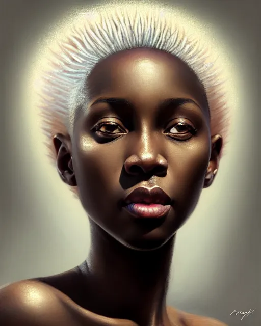 Image similar to african woman with platinum blonde buzzed hair, brown eyes, beautiful girl, close up portrait, moonlight, highkey, realistic, serov, surikov, vasnetsov, repin, kramskoi, paint texture, low aperature, insanely detailed, charlie bowater, tom bagshaw, octane rendered, unreal engine, illustration, trending on artstation, masterpiece
