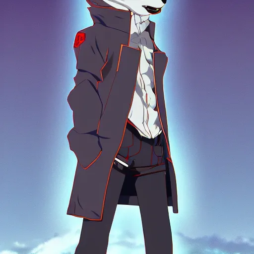 Image similar to key anime visual portrait of an anthropomorphic anthro wolf fursona, in a jacket, with handsome eyes, official anime art