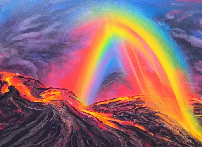 Image similar to rainbow from an erupting volcano at night, cinematic, Intricately detailed acrylic painting,