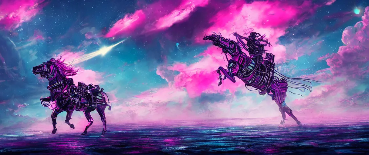 Image similar to space, a big horse - drawn, a mechanical horse with a pink mohawk drives a pirate spaceship, punk, hyperdetailed illustration, stars, pink, neon, oil painting, rich deep colors masterpiece, pirate neon ship, ultra detailed, contrast, heaven pink, clouds, volumetric light, atmospheric lighting, dramatic, cinematic, moody, octane render 4 k, 8 k