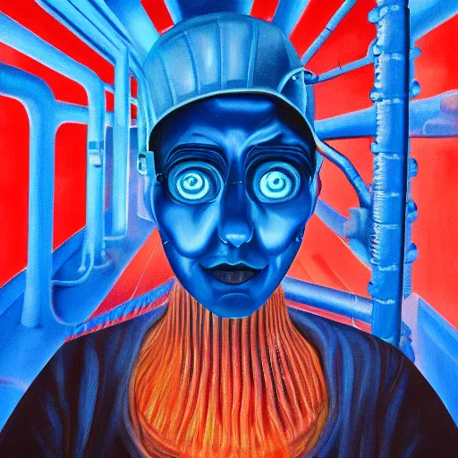 Prompt: a slender woman in a blue factory worker's overalls face looking down at the floor eyes sad tentacles instead of hands, the red glow of fire in the background, hyperrealistic painting, figurative art, poster art