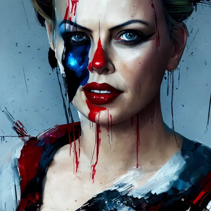 Image similar to portrait of Charlize Theron as a harley quinn. intricate abstract. intricate artwork. by Tooth Wu, wlop, beeple, dan mumford. octane render, trending on artstation, greg rutkowski very coherent symmetrical artwork. cinematic, hyper realism, high detail, octane render, 8k, iridescent accents