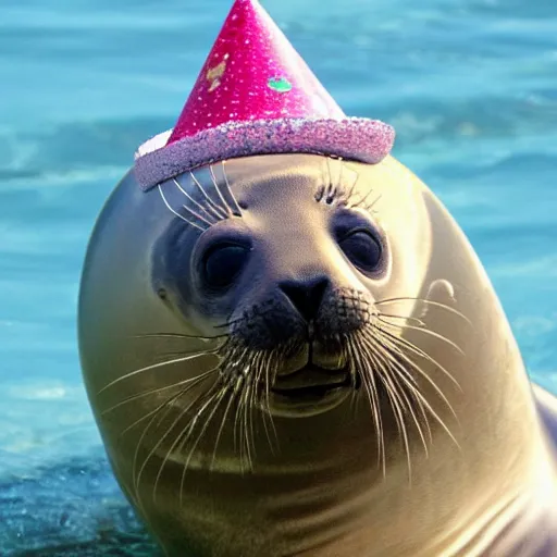 Prompt: seal wearing birthday hat