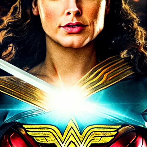 Prompt: wonder woman movie poster but with Hermione face and Harry Potter hair