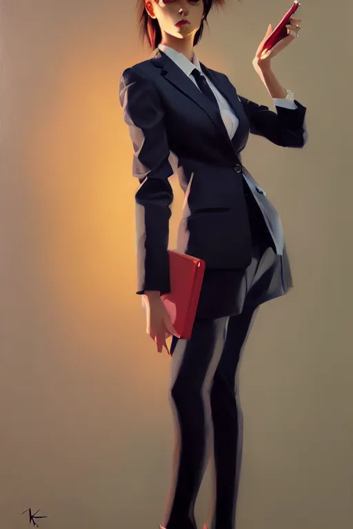 Image similar to a ultradetailed beautiful panting of a stylish woman wearing a oversized suit with a tie, oil painting, by ilya kuvshinov, greg rutkowski and makoto shinkai, trending on artstation