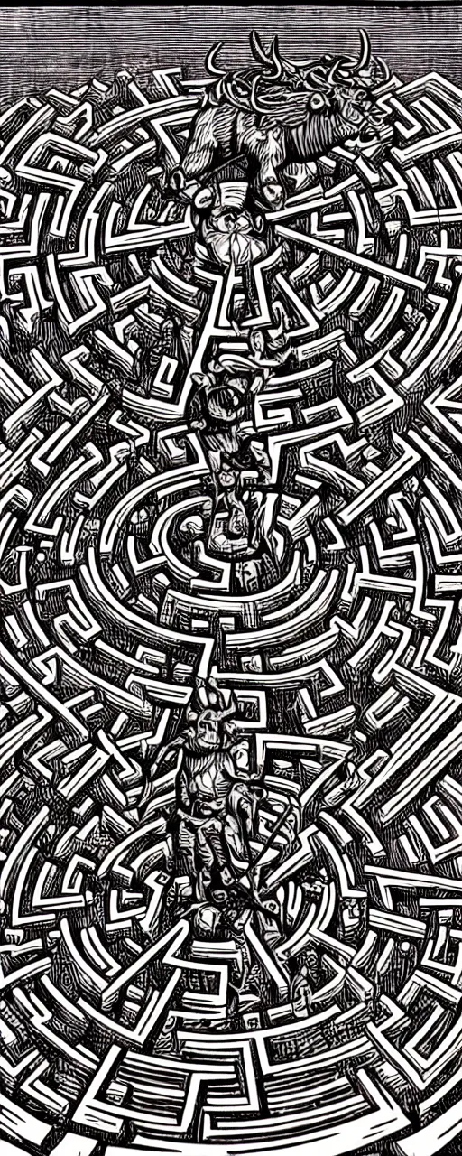 Image similar to view of a highly detailed woodcut of a labyrinth maze with a steampunk minotaur model in the center, studio lighting, frame from a moview