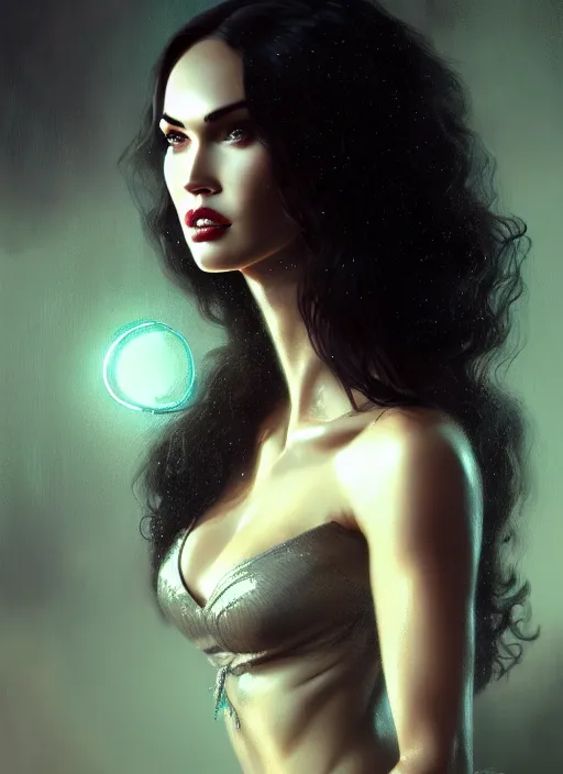 Image similar to portrait of megan fox as a vampire, curly hair, intricate, elegant, glowing lights, highly detailed, digital painting, artstation, concept art, smooth, sharp focus, illustration, art by wlop, mars ravelo and greg rutkowski