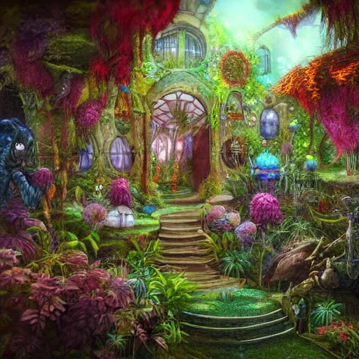 Image similar to a plant house in a fantasy landscape, artstation trend, hdr, fantasy art, vivid colors, alice in wonderland style