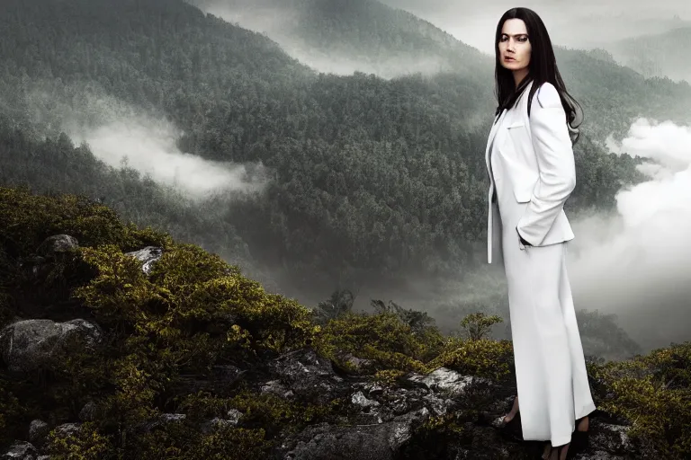 Image similar to a cinematic headshot portrait of a beautiful middle aged woman wearing futuristic white suit on the top of a mountain, overlooking a vast serene forest, large diffused light, neon light, 4 k, ultra realistic, dramatic lighting, rain, clouds, fog, vogue, fashion, glamour, magazine spread, by marco mazzoni and jessica rossier