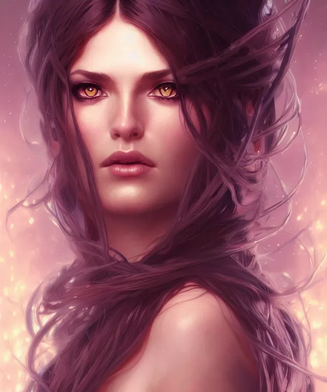 Image similar to fantasy magic woman portrait, sci-fi, amber eyes, face, long hair, fantasy, intricate, elegant, highly detailed, digital painting, artstation, concept art, smooth, sharp focus, illustration, art by artgerm and greg rutkowski and alphonse mucha