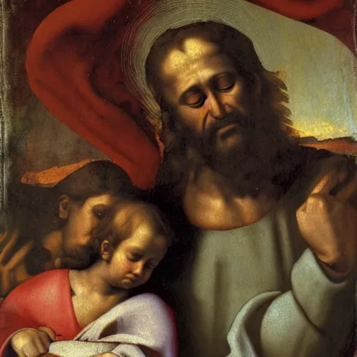 Image similar to mary, saint joseph and jesus by michaelangelo