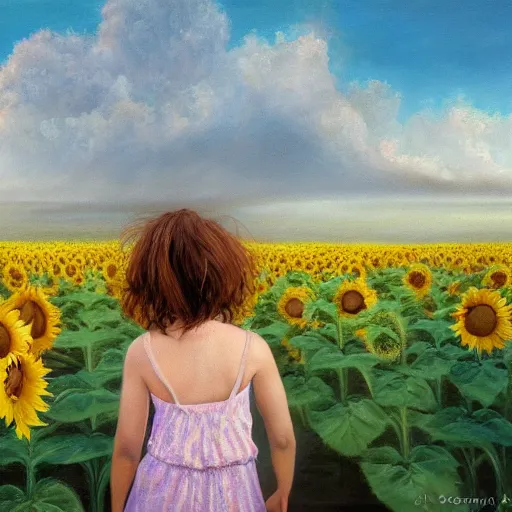 Prompt: a dreamy vision of girl slowly flying over amazing tall sunflower field, hair flowing, fog, early morning lightning, subtle, intricate details, real masterpiece, oil on canvas, by somsak anong