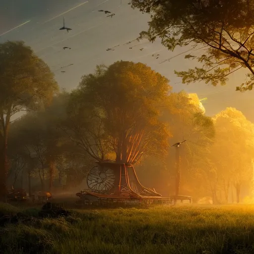 Prompt: scenery of a beautiful rural landscape at dawn with a big hovering steampunk space ship, in the style of simon stalenhag. light rays from the tree tops, small river on the ground, hypermaximalistic, high details, cinematic, 8 k resolution, beautiful detailed, insanely intricate details, artstation trending, octane render, unreal engine