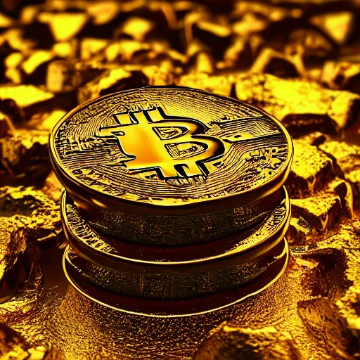 Prompt: a 3 by 3 grid high resolution photoreal hdr render of a pile of bitcoins melting into gold flow into a crucible which is cracked and leaking into a desert as a metaphor global warming